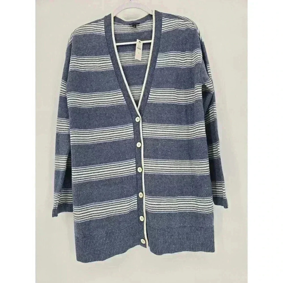 Talbots Women's Button Up Sweater Cardigan Size M Striped Blue Ivory V Neck NWT - Picture 1 of 9